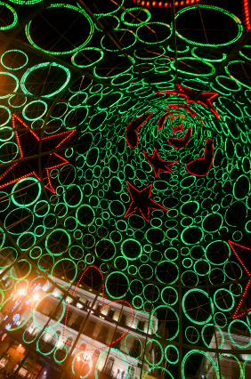 Interior 
                            of a Christmas Tree made of light bulbs in the Puerta 
                            del Sol, Madrid